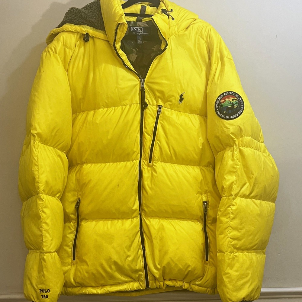 Polo Ralph Lauren Sportsman Men's Yellow Down Puffer Coat Hooded 2XL VTG